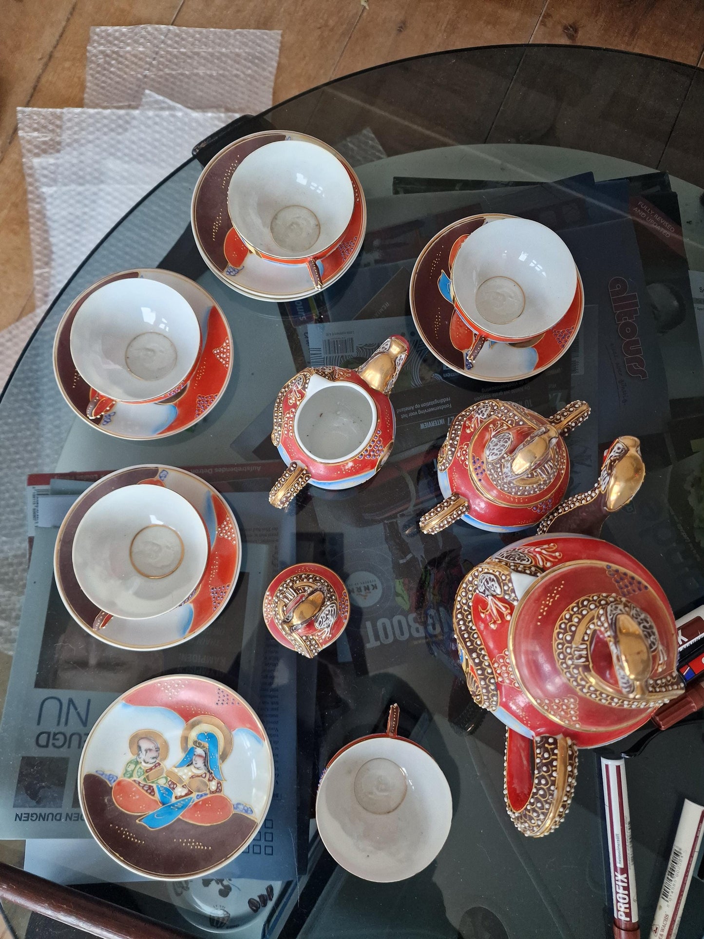 Antique Japanese Eggshell Porcelain Tea Set, Geisha Lithophane, Dragon Teapot