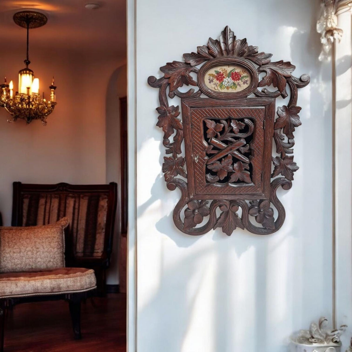 Antique Black Forest Wall Cabinet, Hand-Carved Key Holder