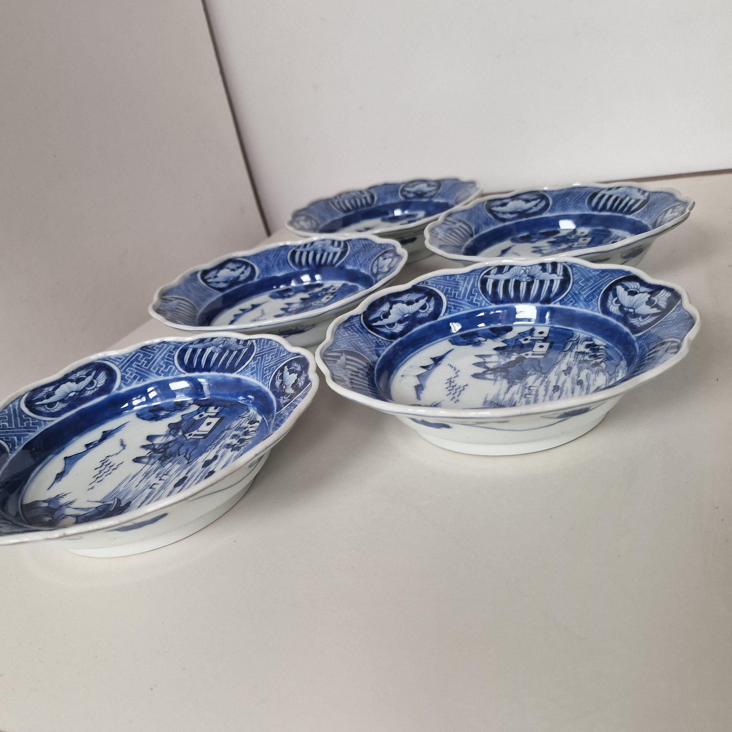 Antique Japanese Blue & White Bowls, River Landscape, Circa 1800 (Set of 5)