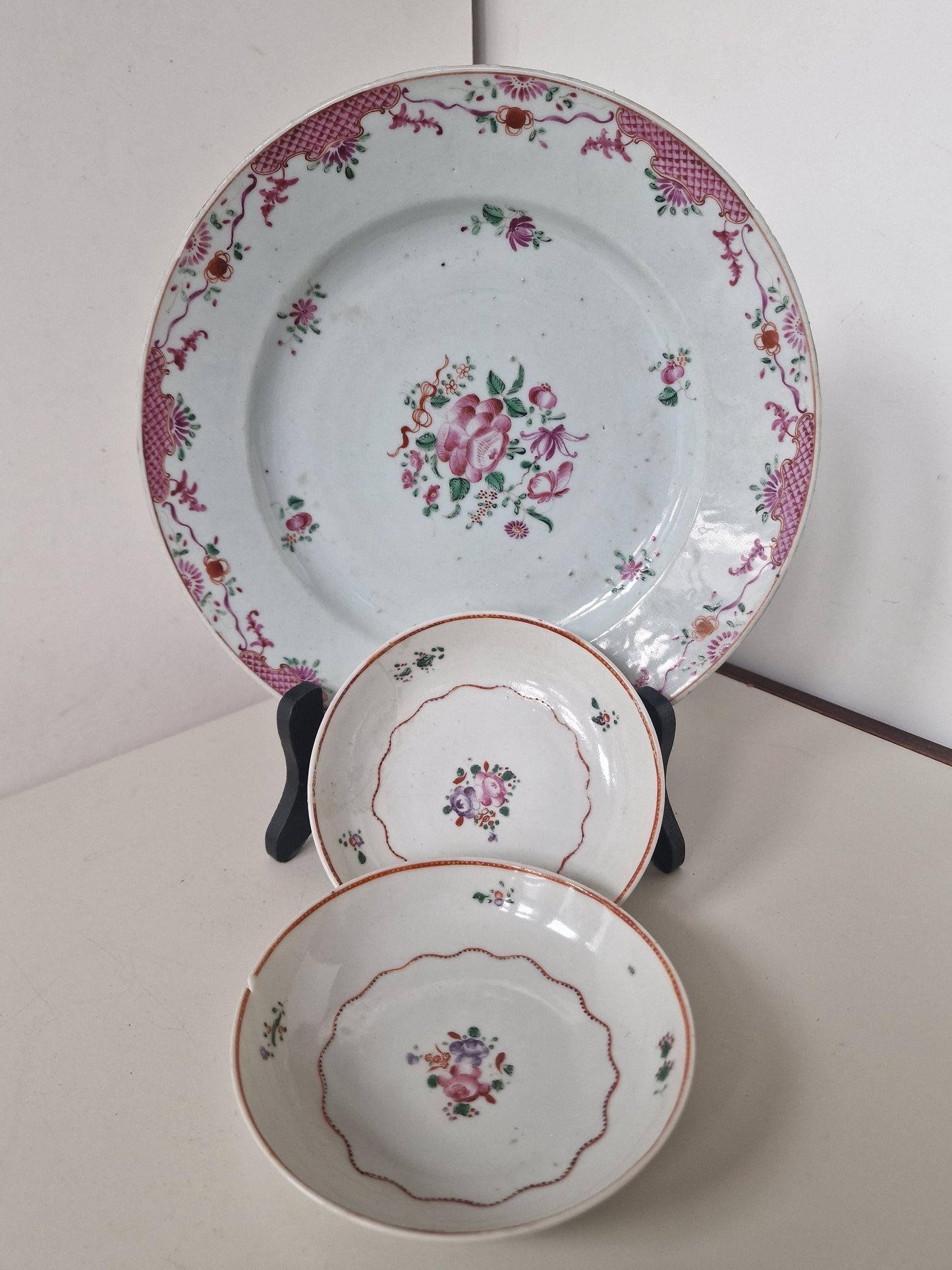 Antique Famille Rose Porcelain Bowl and Plate Set, 18th Century