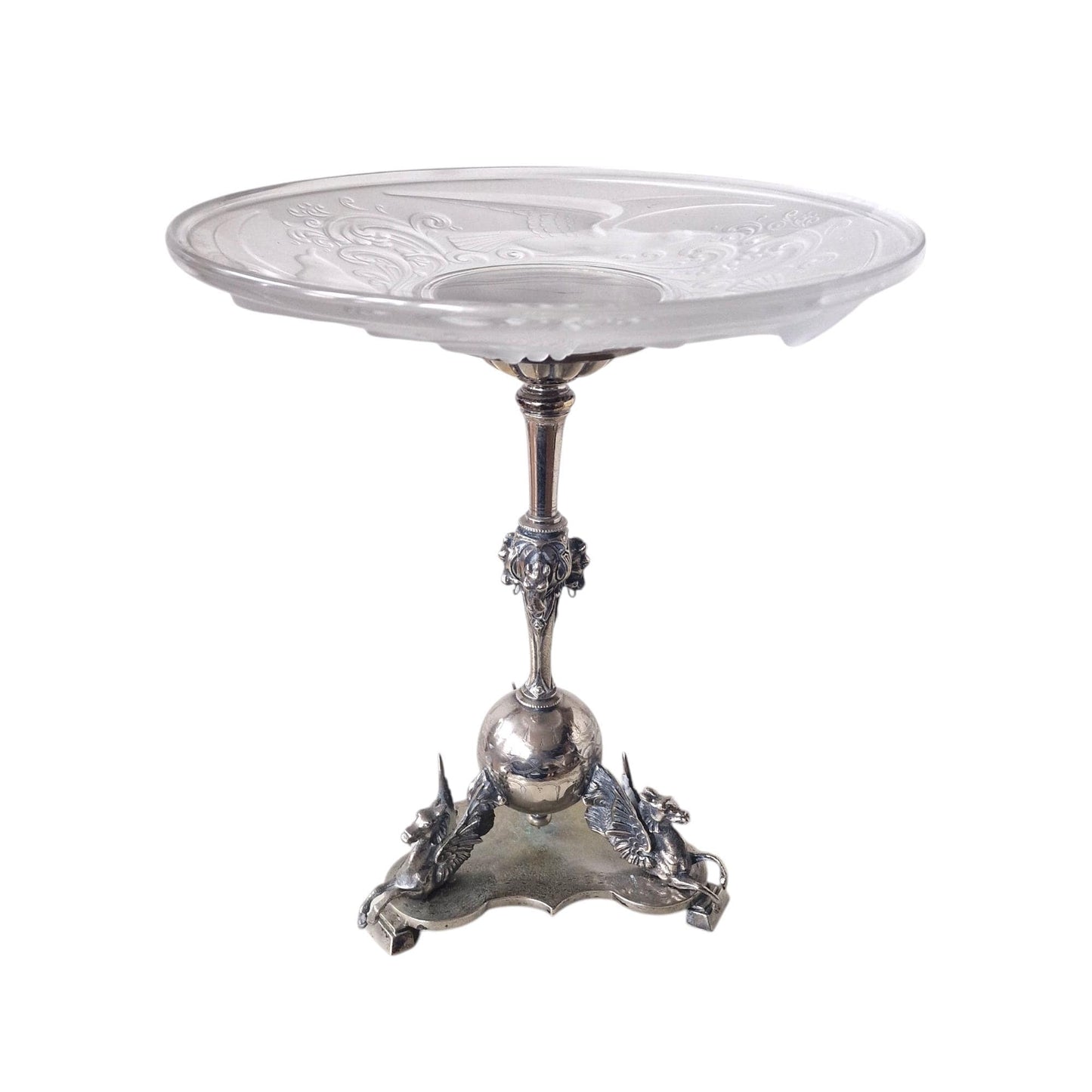 Art Deco Frosted Crystal Centerpiece, Seagull and Phoenix Design, Signed France
