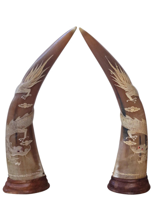 Carved Water Buffalo Horns – Dragon & Phoenix Ornaments, Set of 2