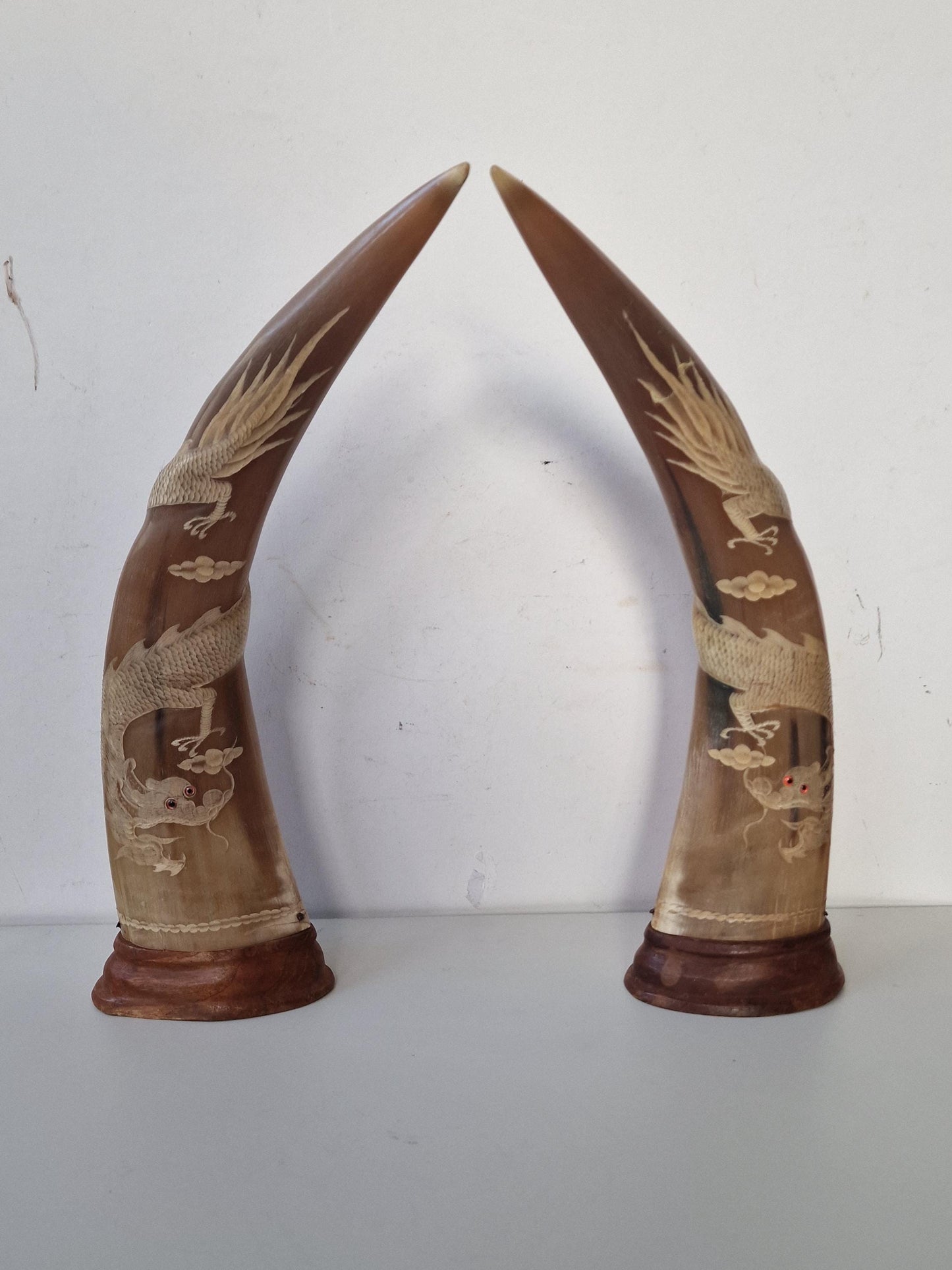 Carved Water Buffalo Horns – Dragon & Phoenix Ornaments, Set of 2