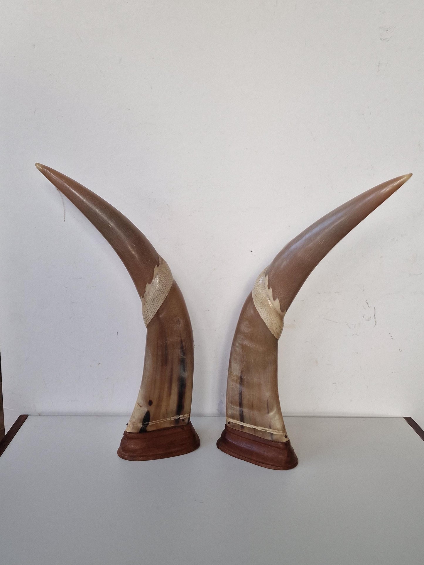 Carved Water Buffalo Horns – Dragon & Phoenix Ornaments, Set of 2