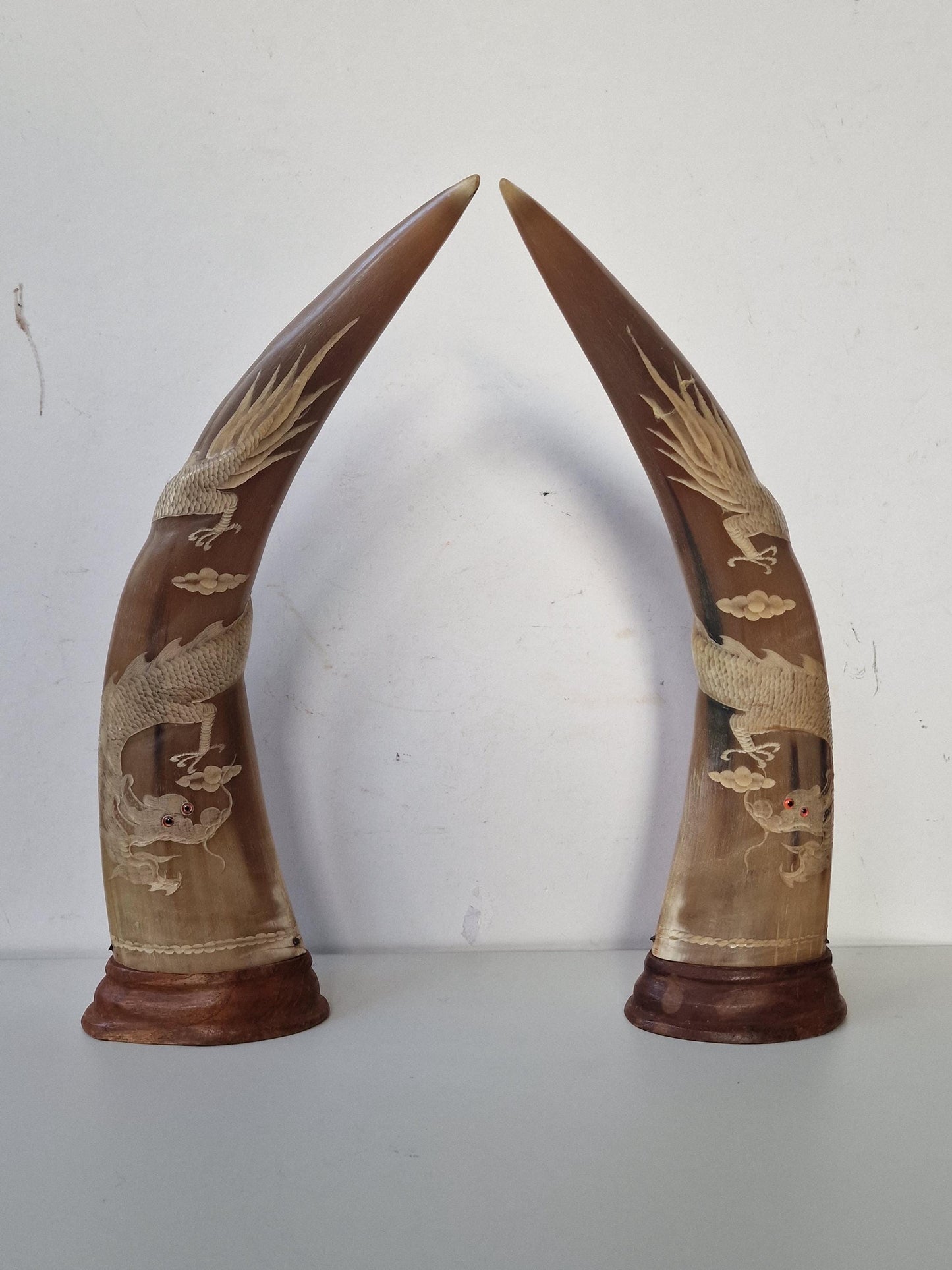 Carved Water Buffalo Horns – Dragon & Phoenix Ornaments, Set of 2