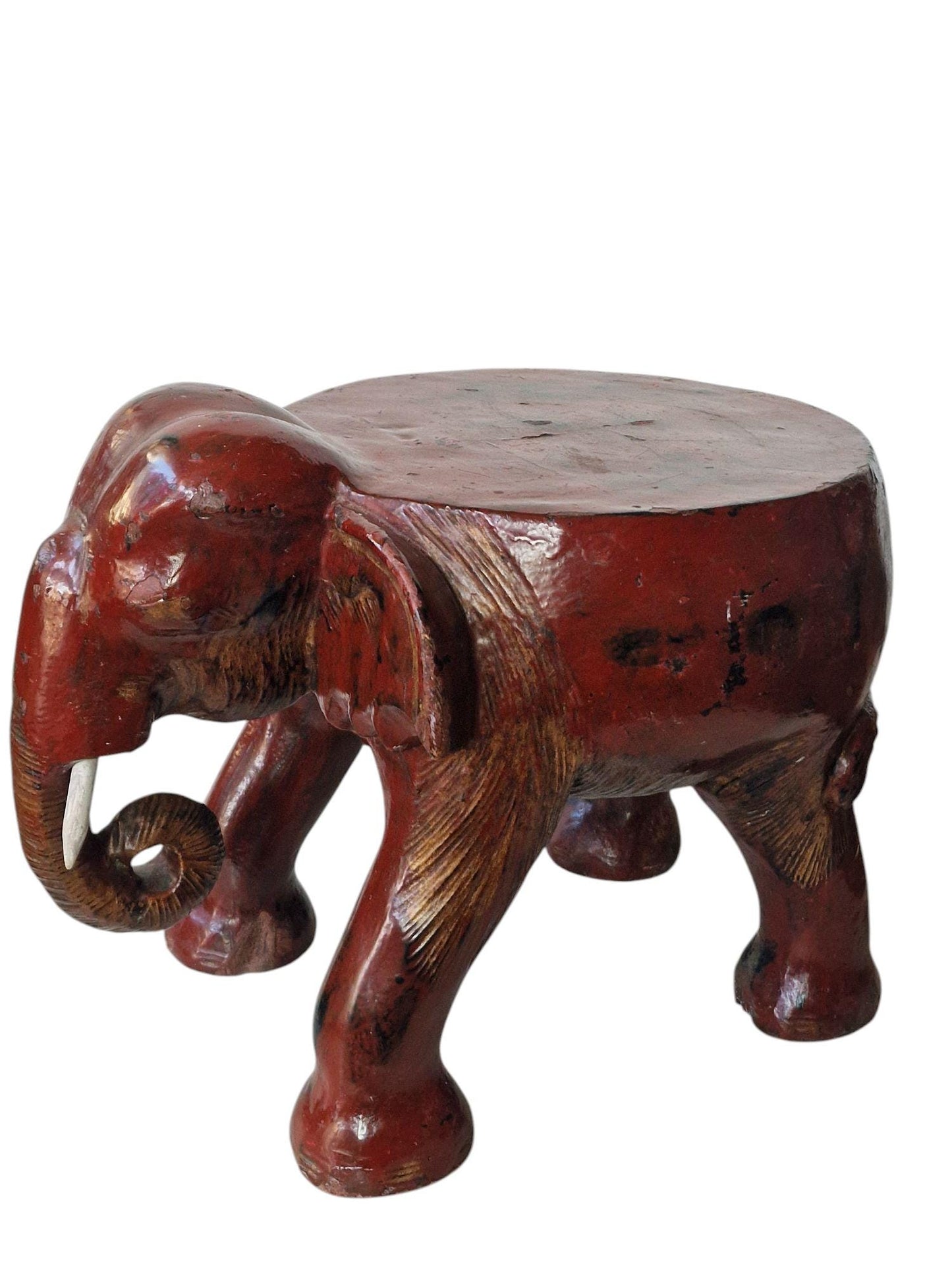 Xl antique ELEPHANT STOOL / sidetable 19th century wood handcarved burgundi handpaint, boho chic, rare
