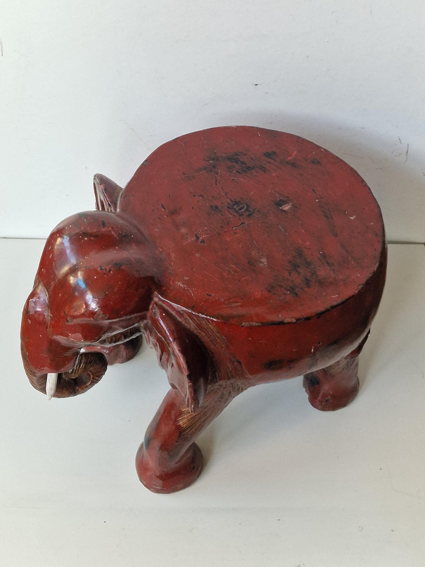 Xl antique ELEPHANT STOOL / sidetable 19th century wood handcarved burgundi handpaint, boho chic, rare