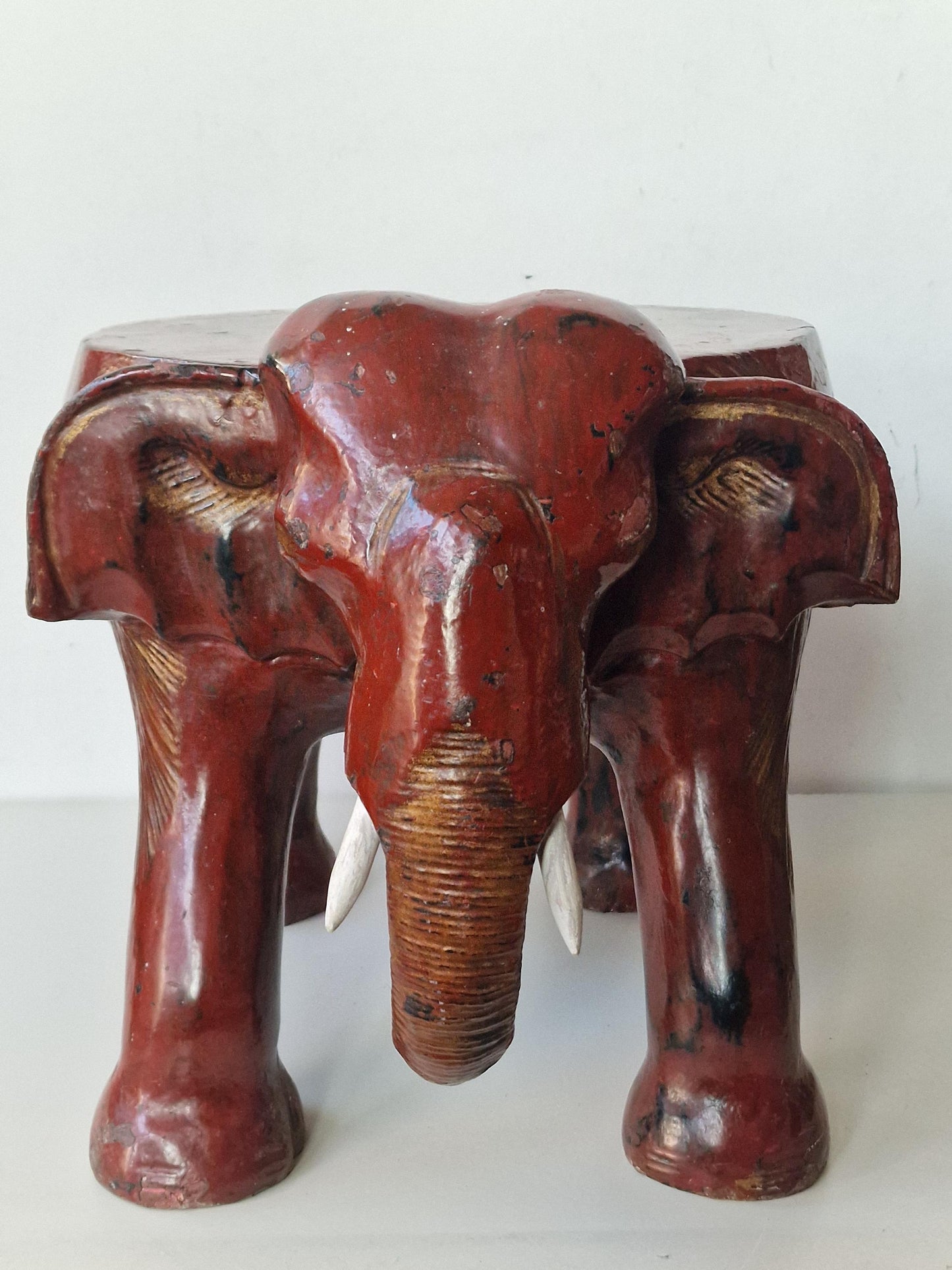 Xl antique ELEPHANT STOOL / sidetable 19th century wood handcarved burgundi handpaint, boho chic, rare