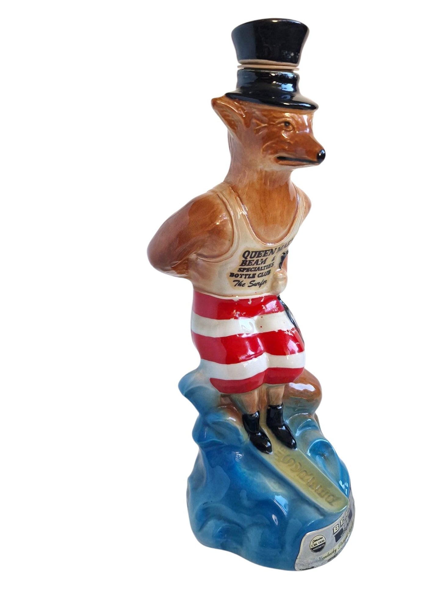 Vintage 1970s polychrome earthenware Fox Surfer Decanter, collector's item Queen Mary Bottle