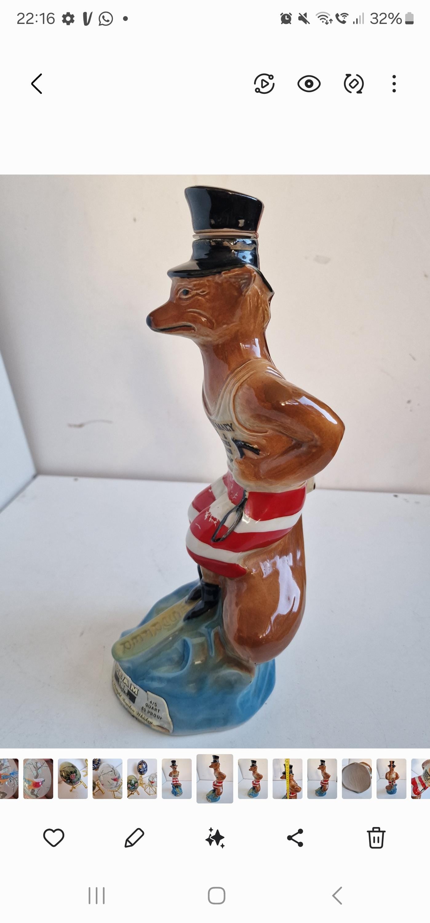 Vintage 1970s polychrome earthenware Fox Surfer Decanter, collector's item Queen Mary Bottle