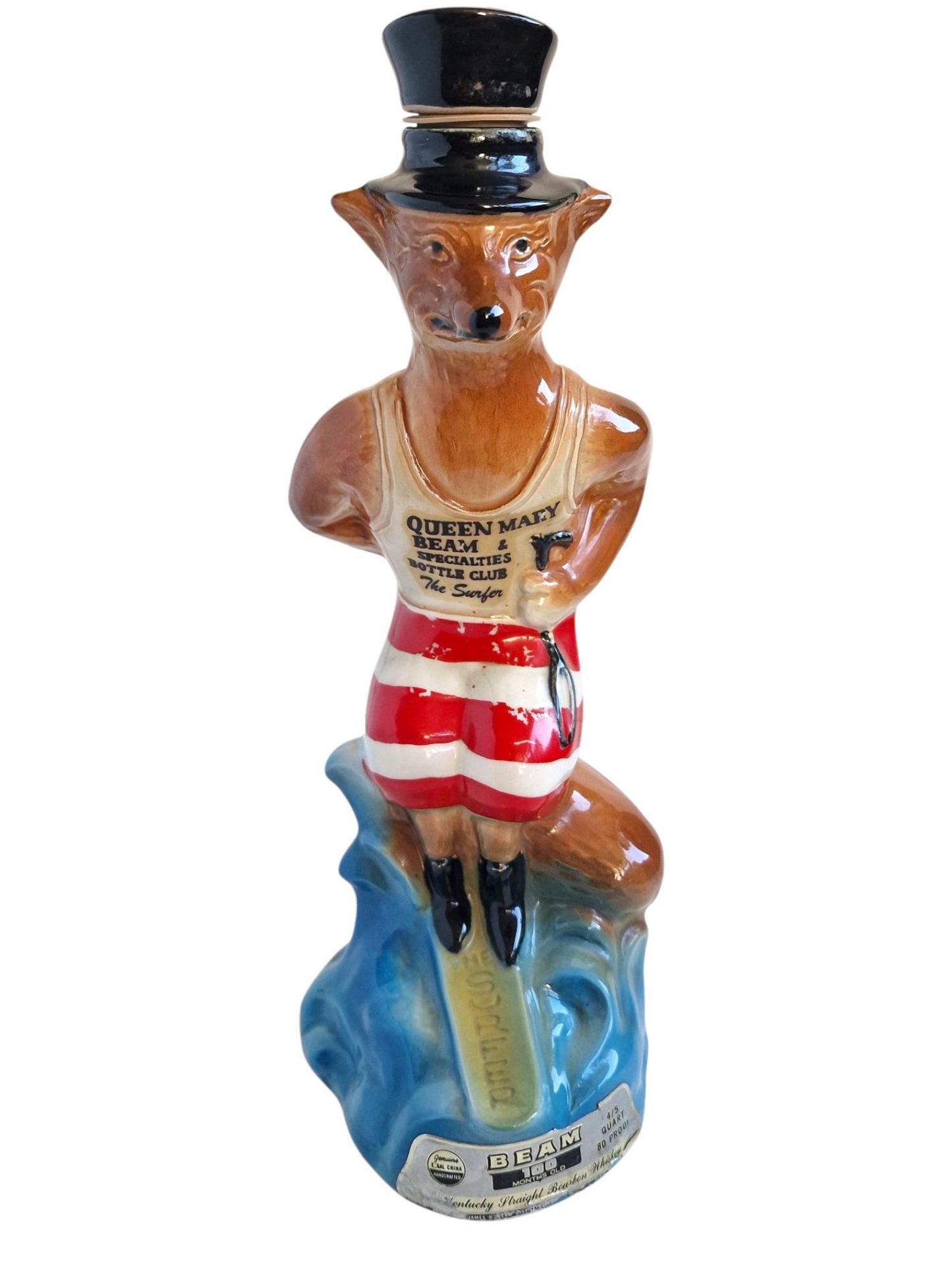 Vintage 1970s polychrome earthenware Fox Surfer Decanter, collector's item Queen Mary Bottle