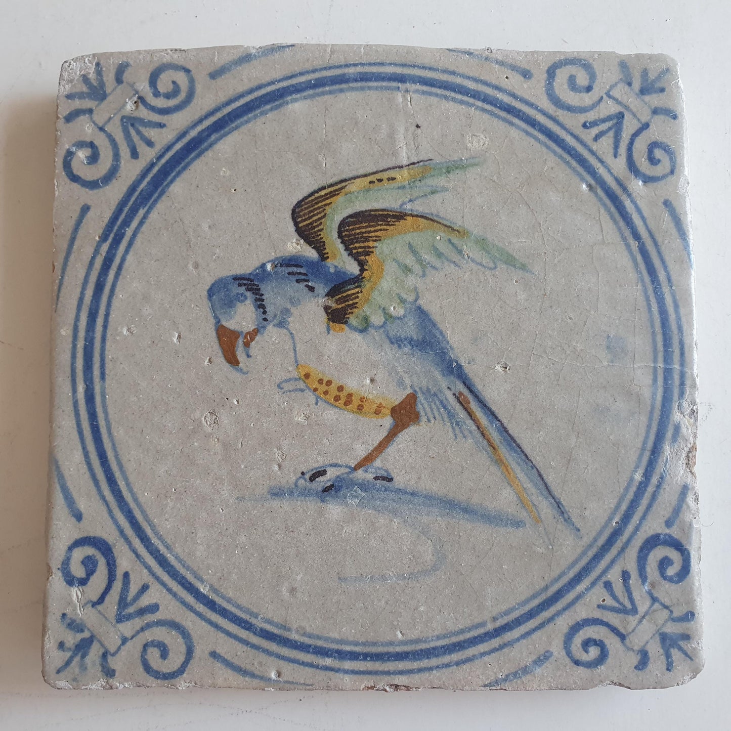 Antique Dutch Tile - polychrome parrot  Rare !  - Dated around 1625, delft holland golden century