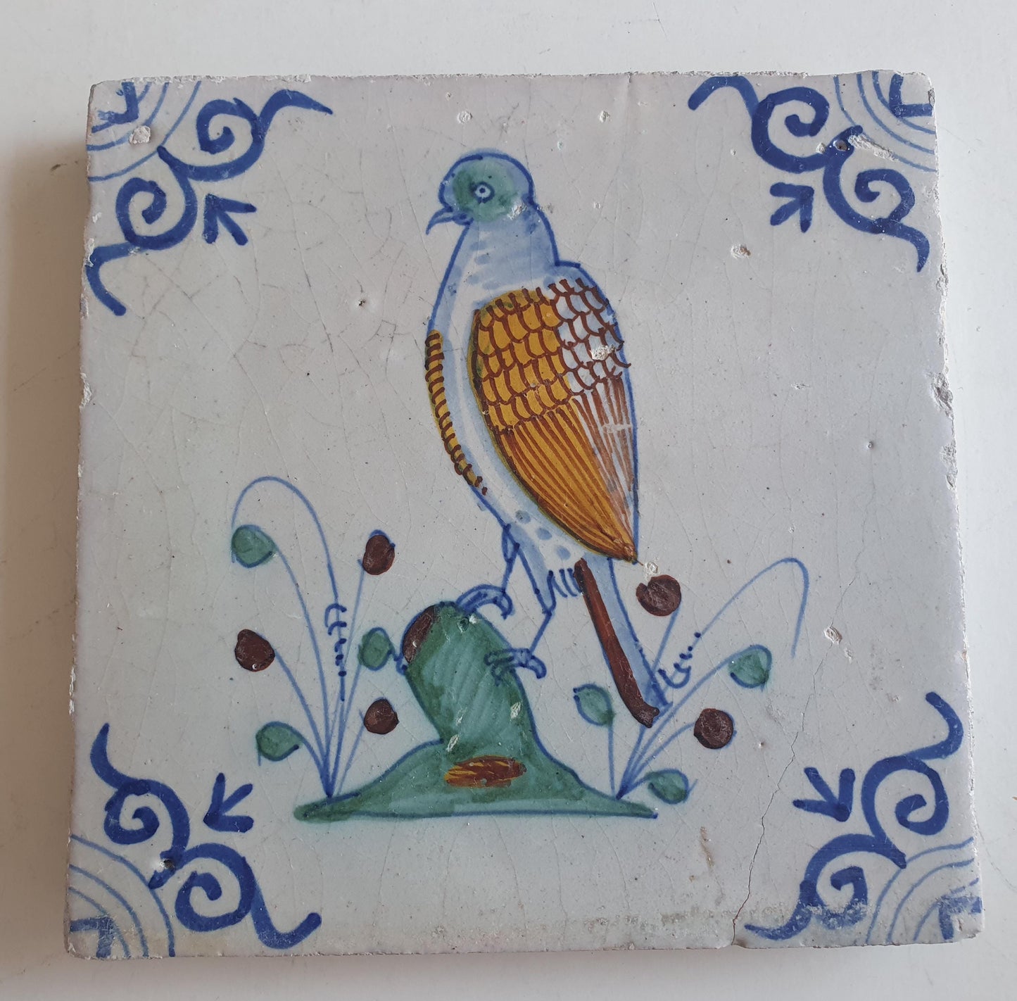 Antique Delft Tile – Polychrome Bird, Circa 1625