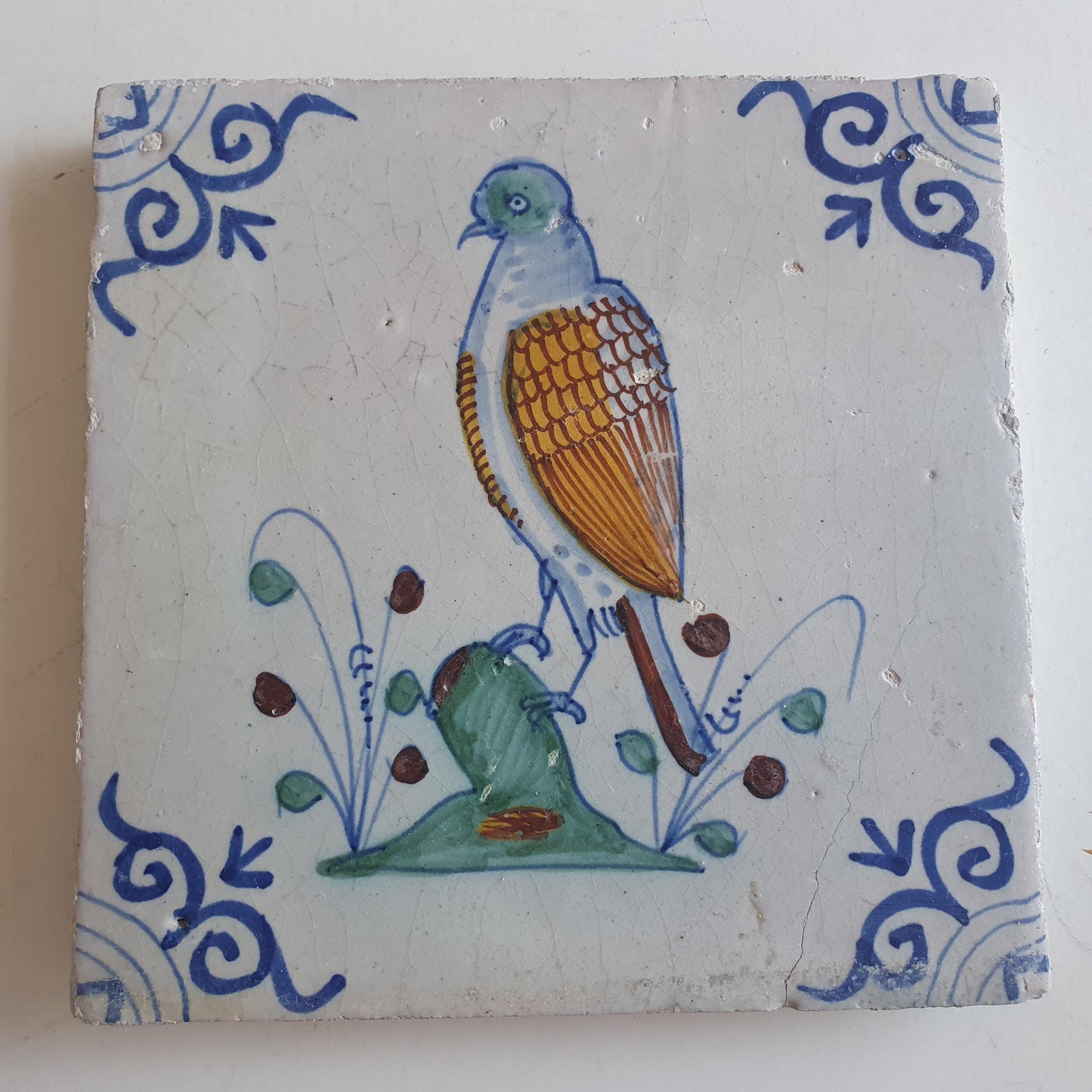 Antique Delft Tile – Polychrome Bird, Circa 1625