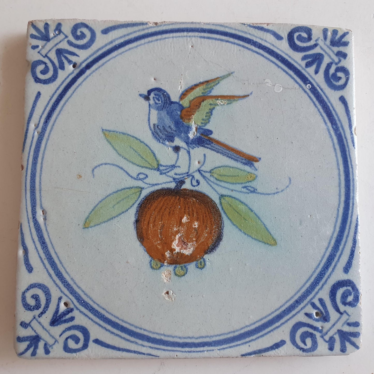 Antique Delft Tile – Polychrome Bird on Pomegranate, Holland 1625