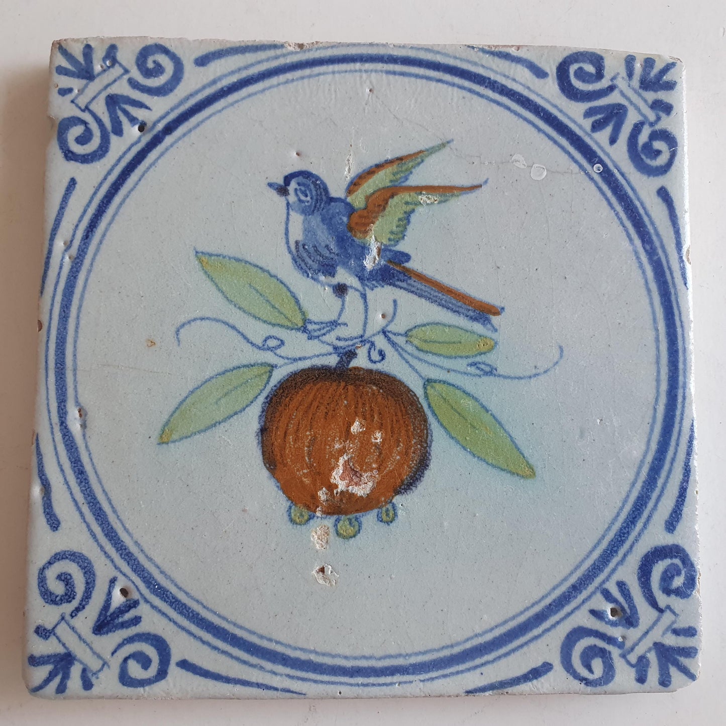 Antique Delft Tile – Polychrome Bird on Pomegranate, Holland 1625