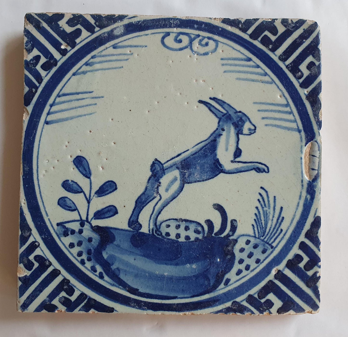 Antique Dutch Tile - Rotterdam Kroontegel, Rotterdamse,  HARE haas , cirkel - Dated around 1625