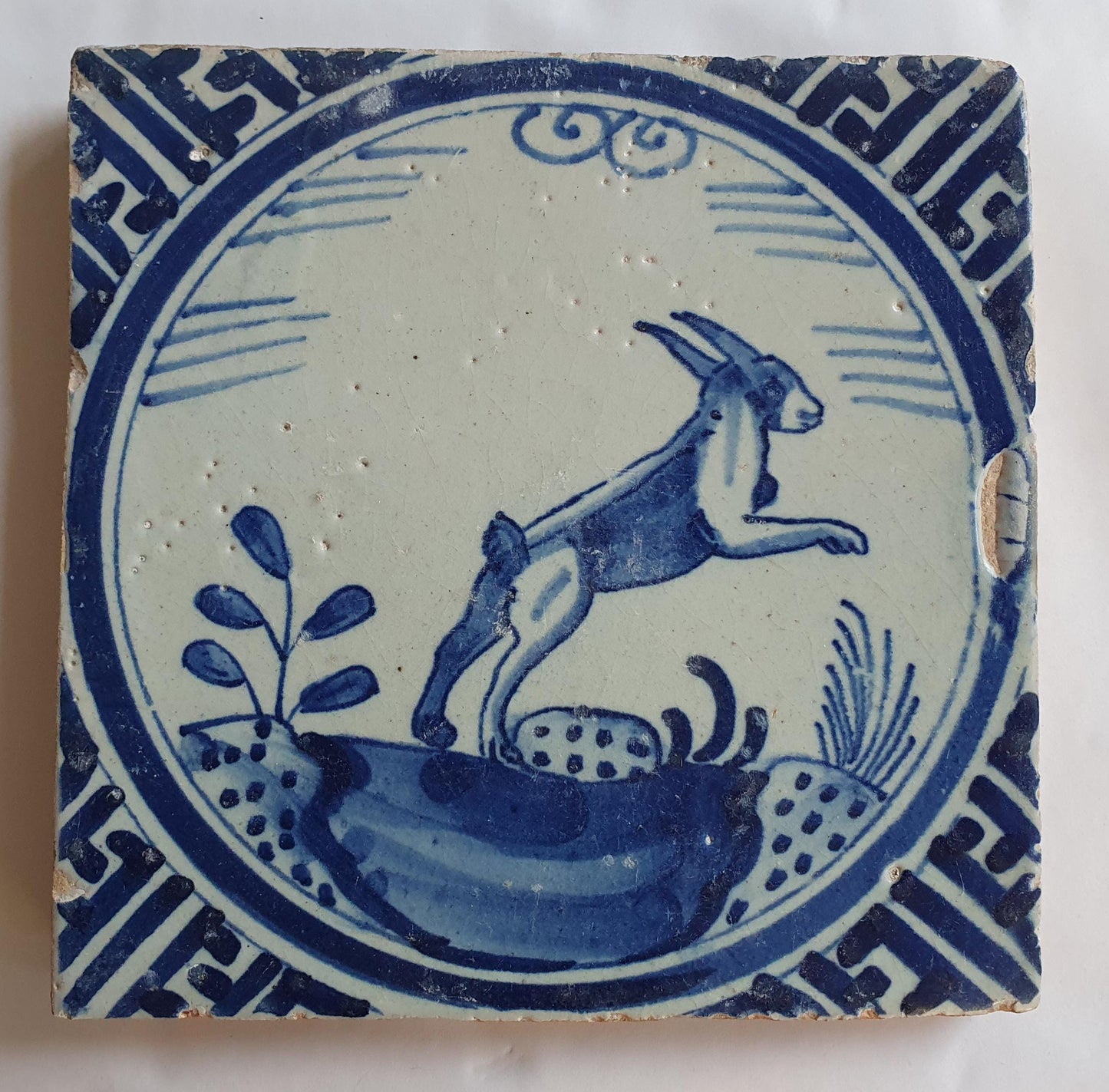 Antique Dutch Tile - Rotterdam Kroontegel, Rotterdamse,  HARE haas , cirkel - Dated around 1625