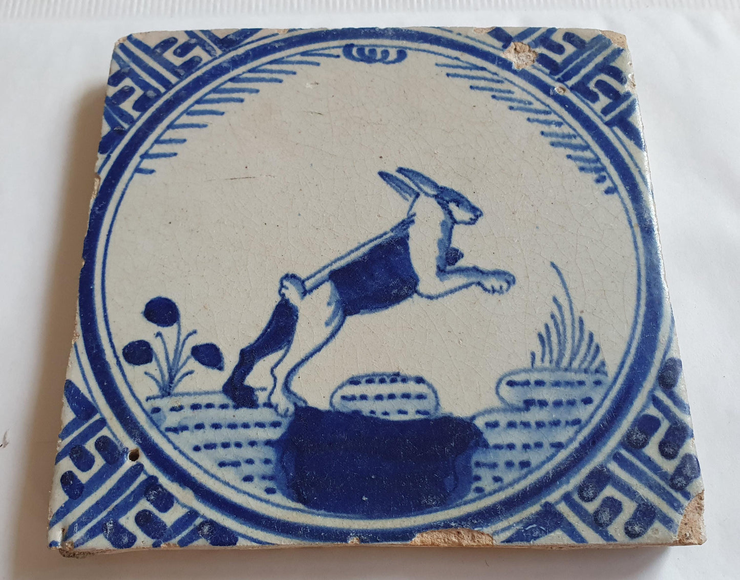 Antique Dutch Tile: Rotterdam 1625 Hare Kroontegel