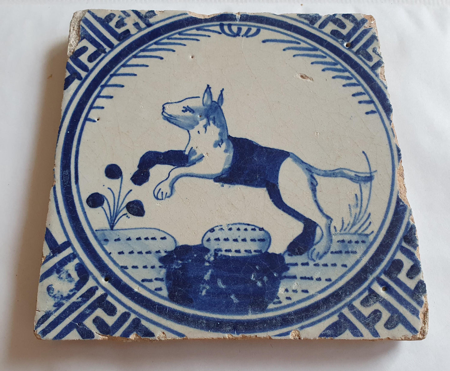 Antique Dutch Tile - Rotterdam Kroontegel, Rotterdamse,  fox , cirkel - Dated around 1625