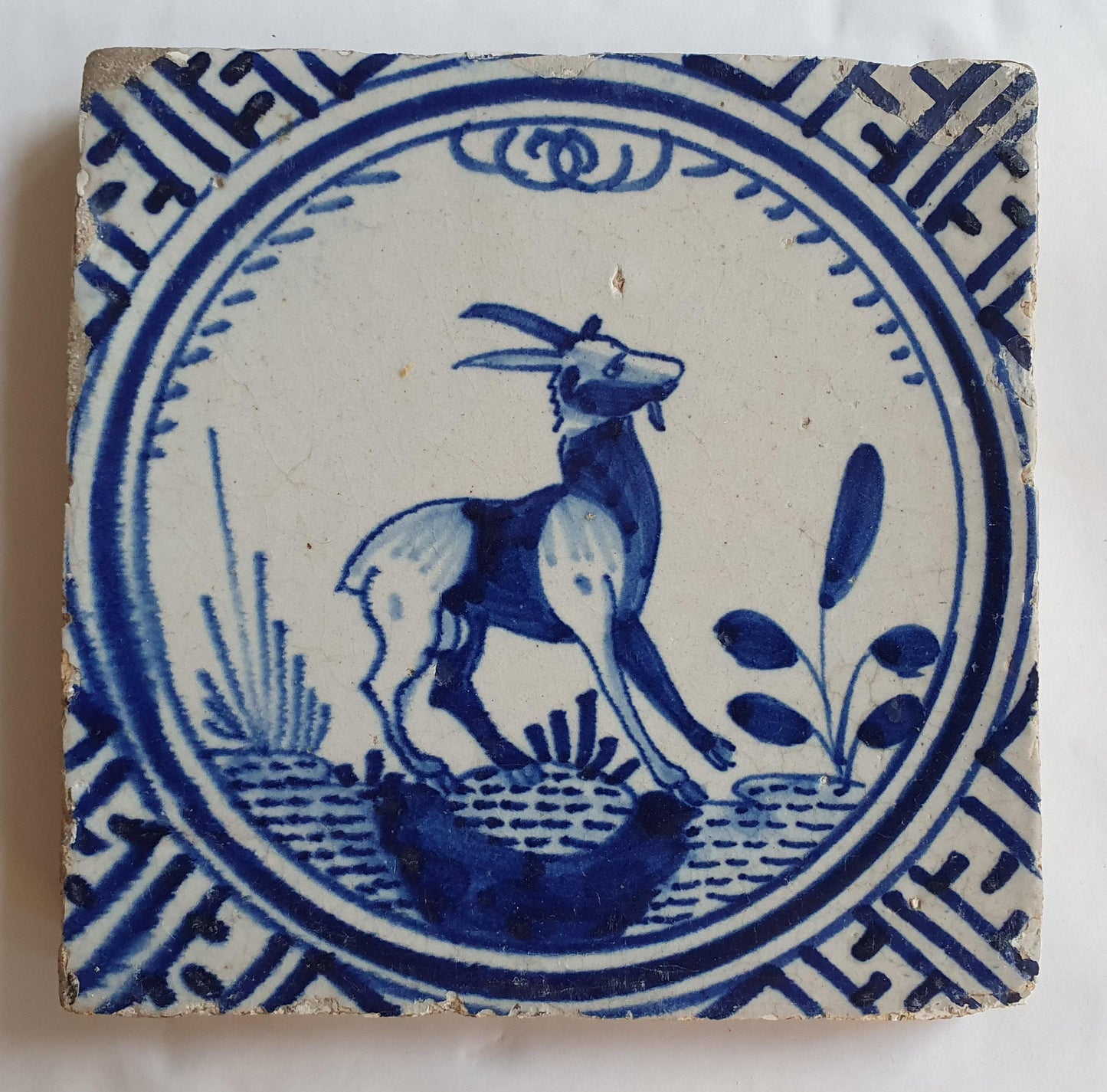 Antique Delft Dutch Tile - Rotterdam Kroontegel, Rotterdamse,  buck , cirkel - Dated around 1625