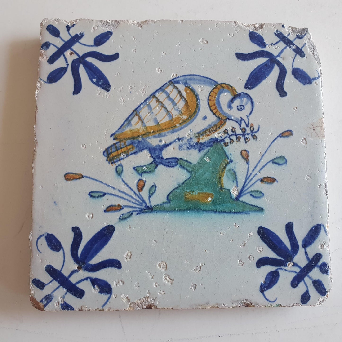 Antique Dutch Tile – Polychrome Bird, Delft Holland (circa 1625)