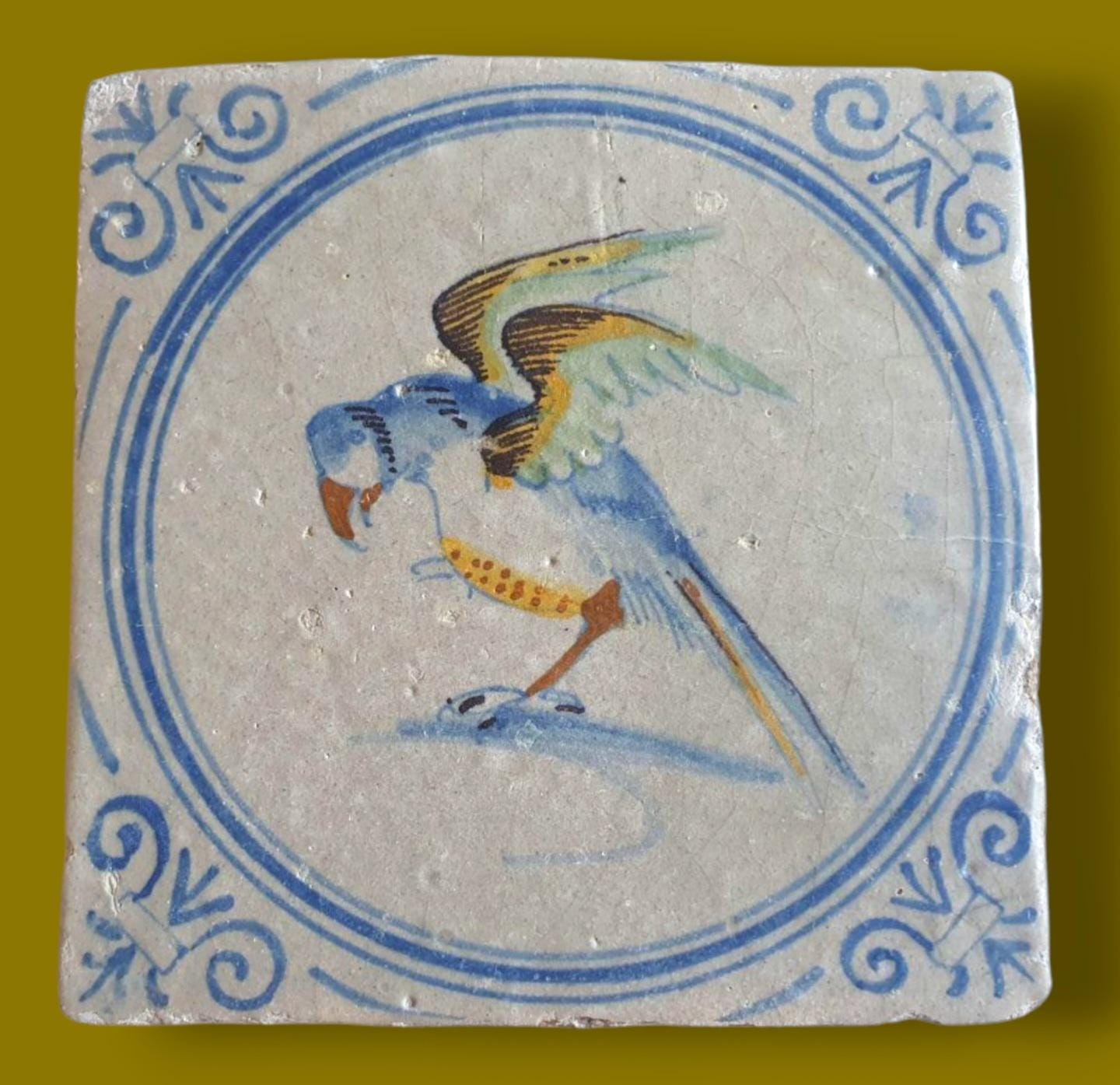 Antique Dutch Tile - polychrome parrot  Rare !  - Dated around 1625, delft holland golden century