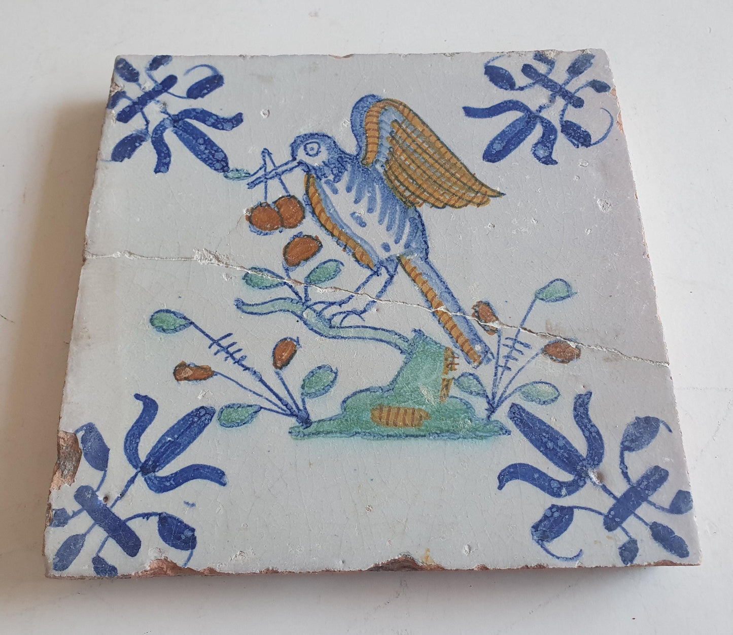 Antique Delft Tile – Polychrome Bird, 1625 Dutch Golden Age