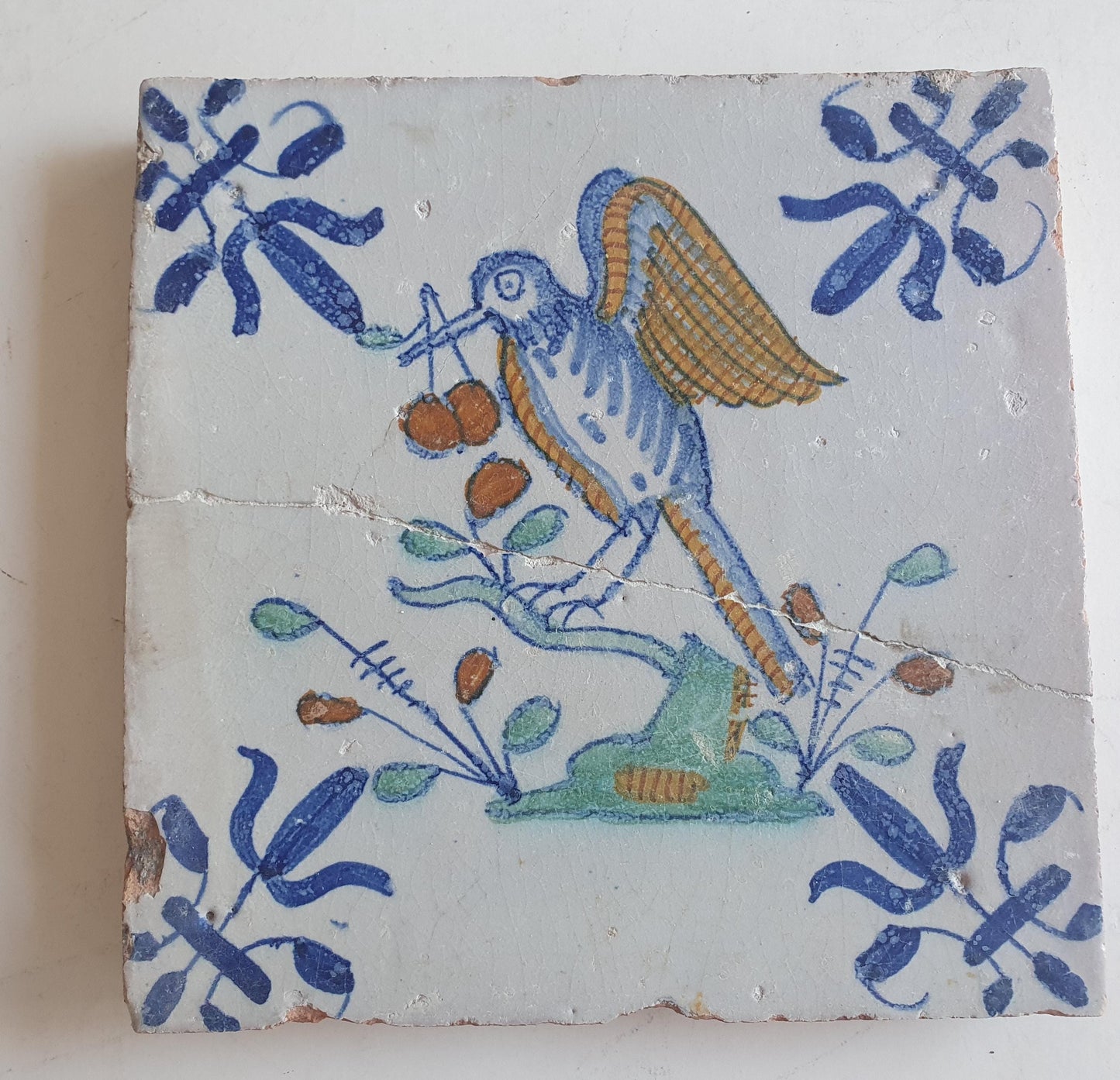 Antique Delft Tile – Polychrome Bird, 1625 Dutch Golden Age