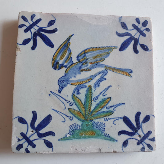 Antique Dutch Tile – Polychrome Bird, Delft Holland (1625)