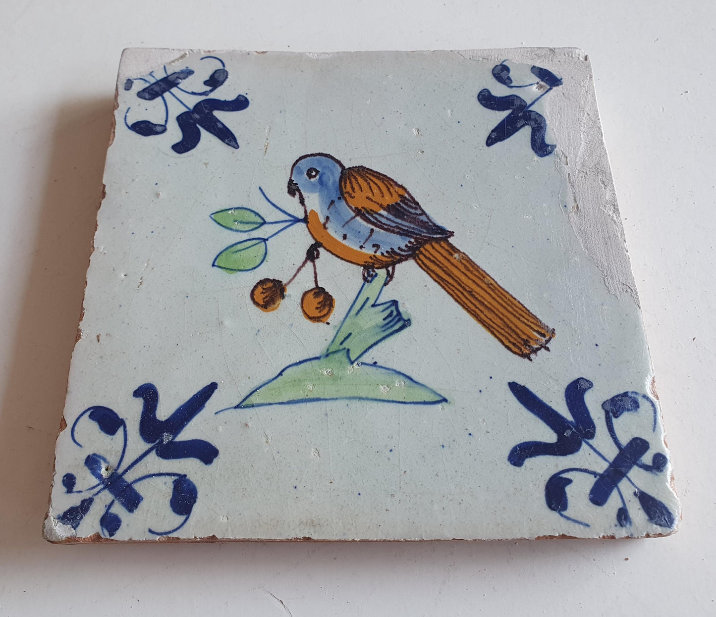 Antique Dutch Tile – Polychrome Bird, Delft Holland (circa 1625)