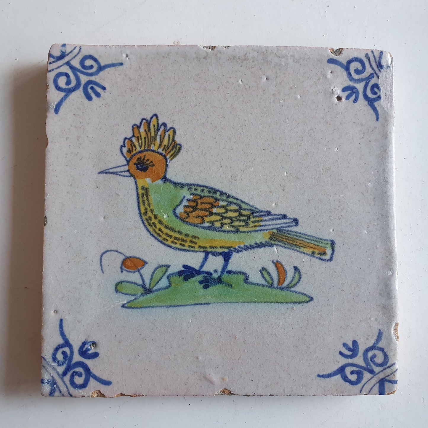 Antique Delft Tile – Polychrome Bird, c. 1640