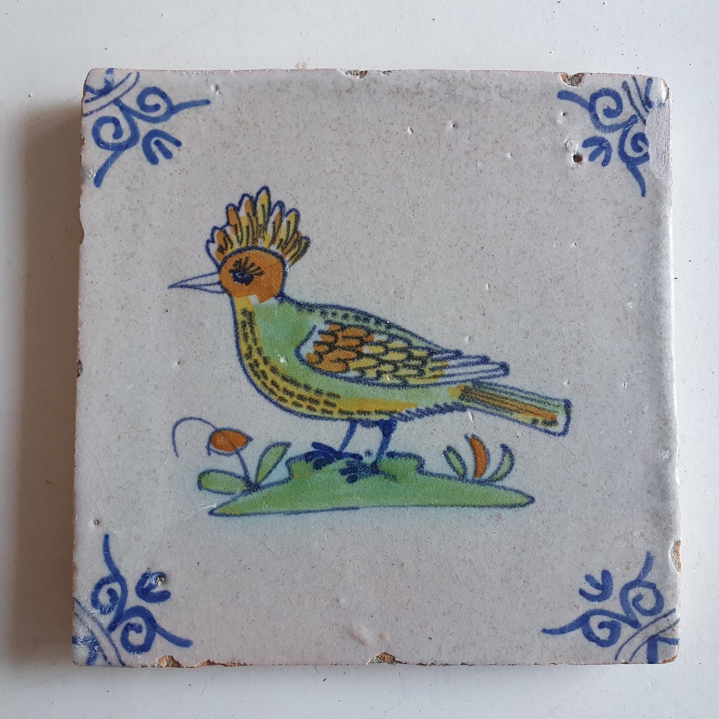 Antique Delft Tile – Polychrome Bird, c. 1640