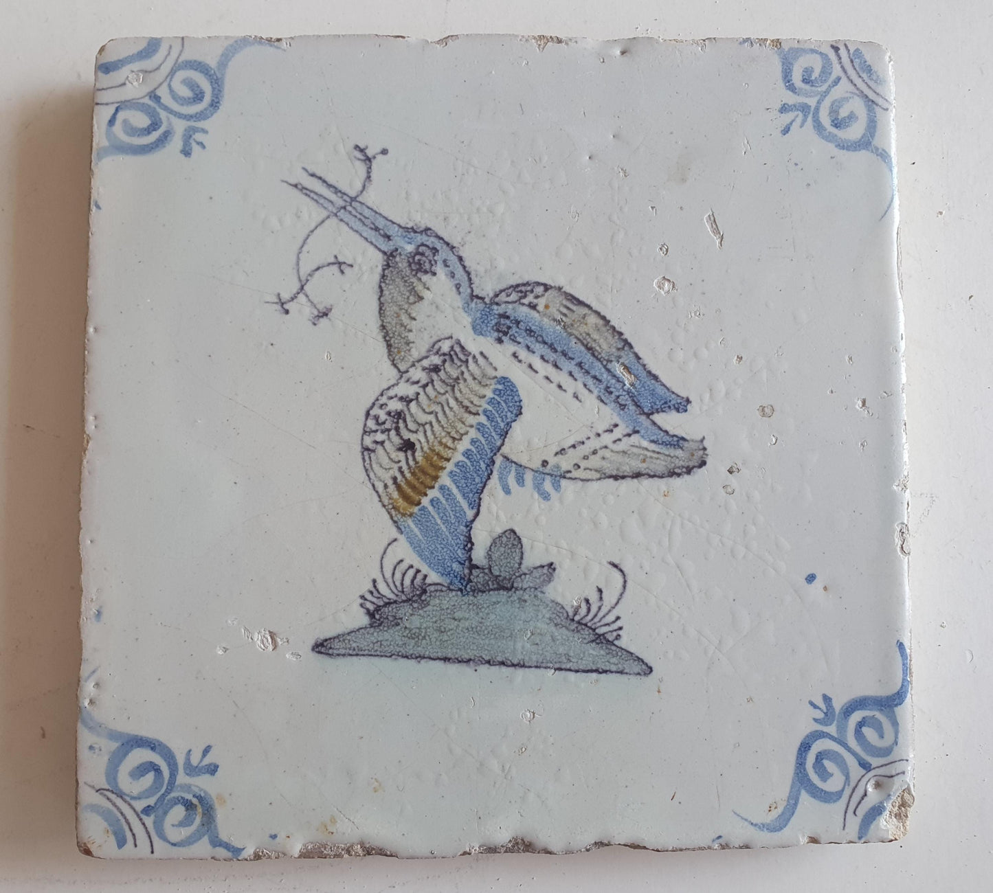 Antique Delft Tile, Kingfisher Bird, 17th Century Dutch Majolica
