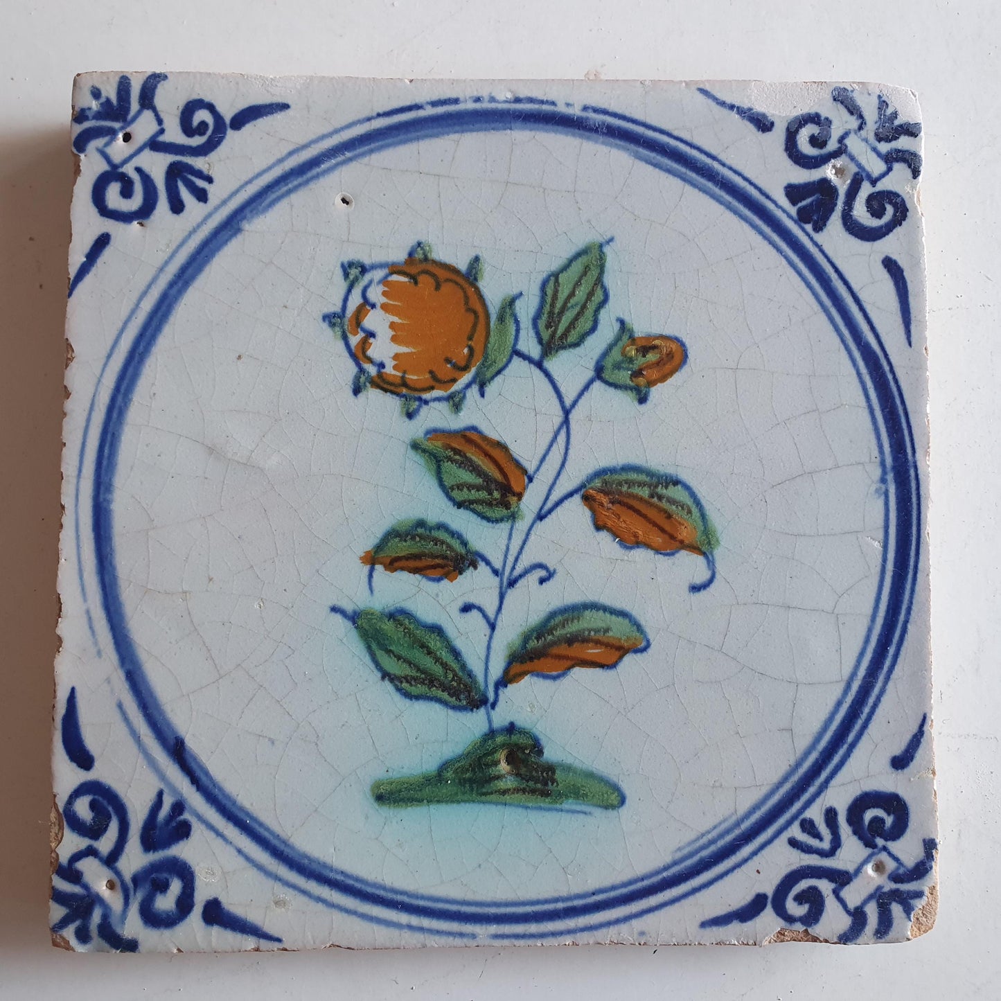 Antique Dutch Tile - polychrome flower - Dated around 1625, delft holland golden century