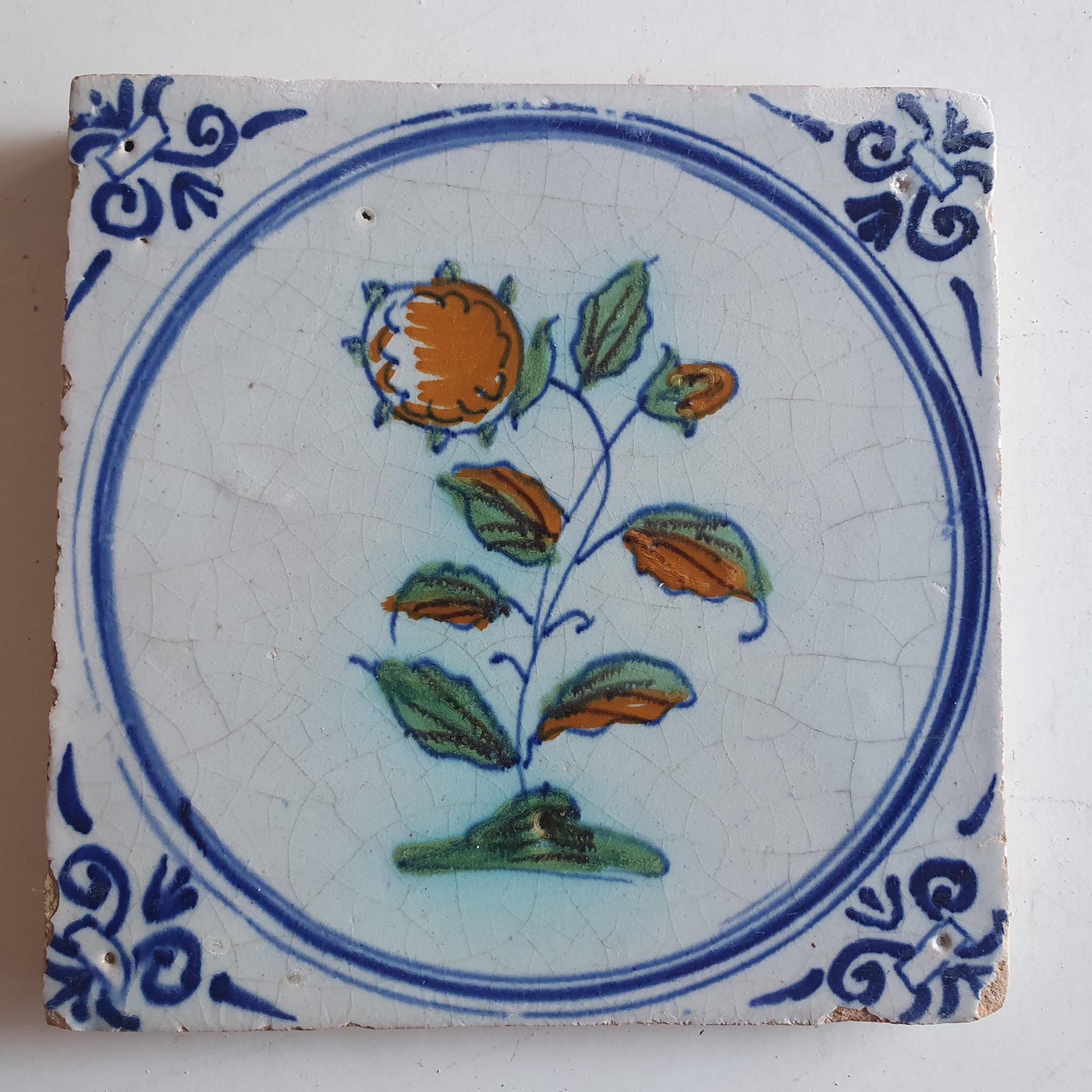 Antique Dutch Tile - polychrome flower - Dated around 1625, delft holland golden century