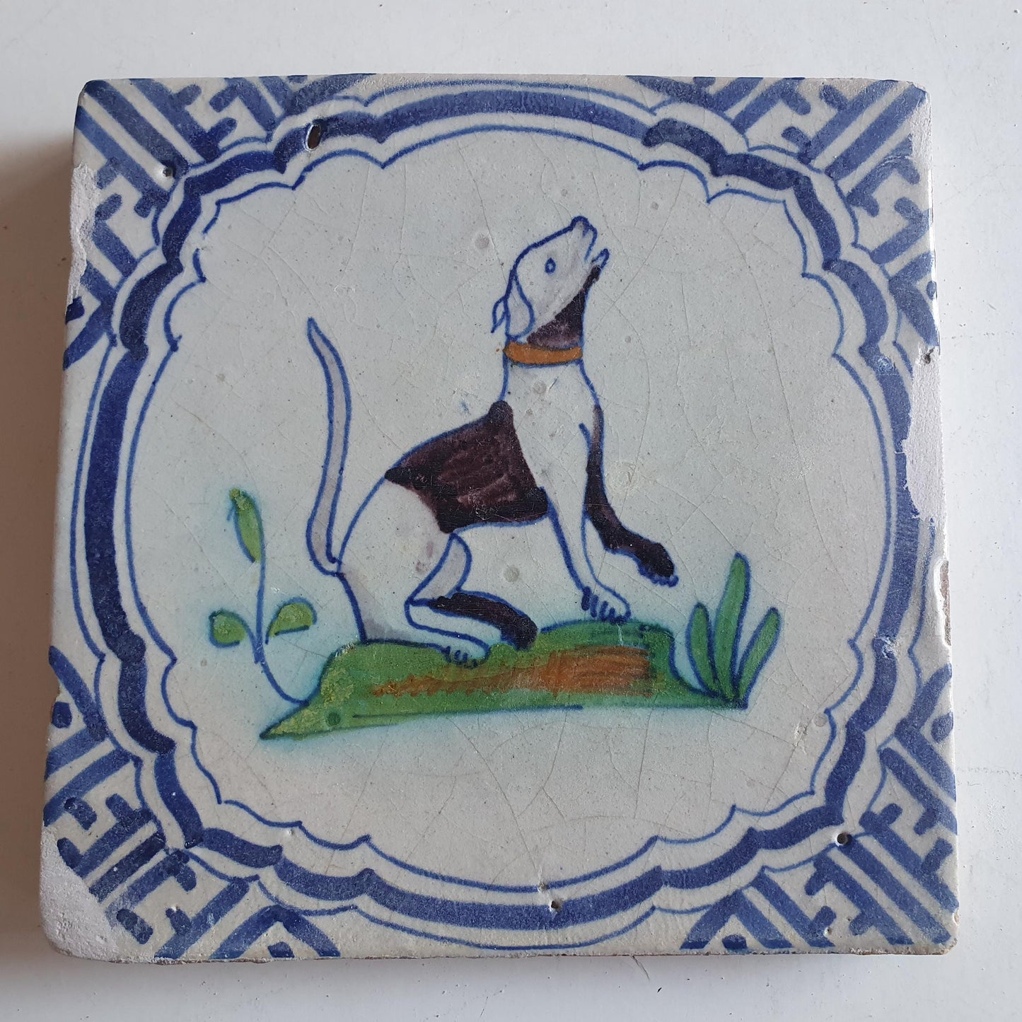 Antique Delft Tile – Polychrome Dog Design, 17th Century