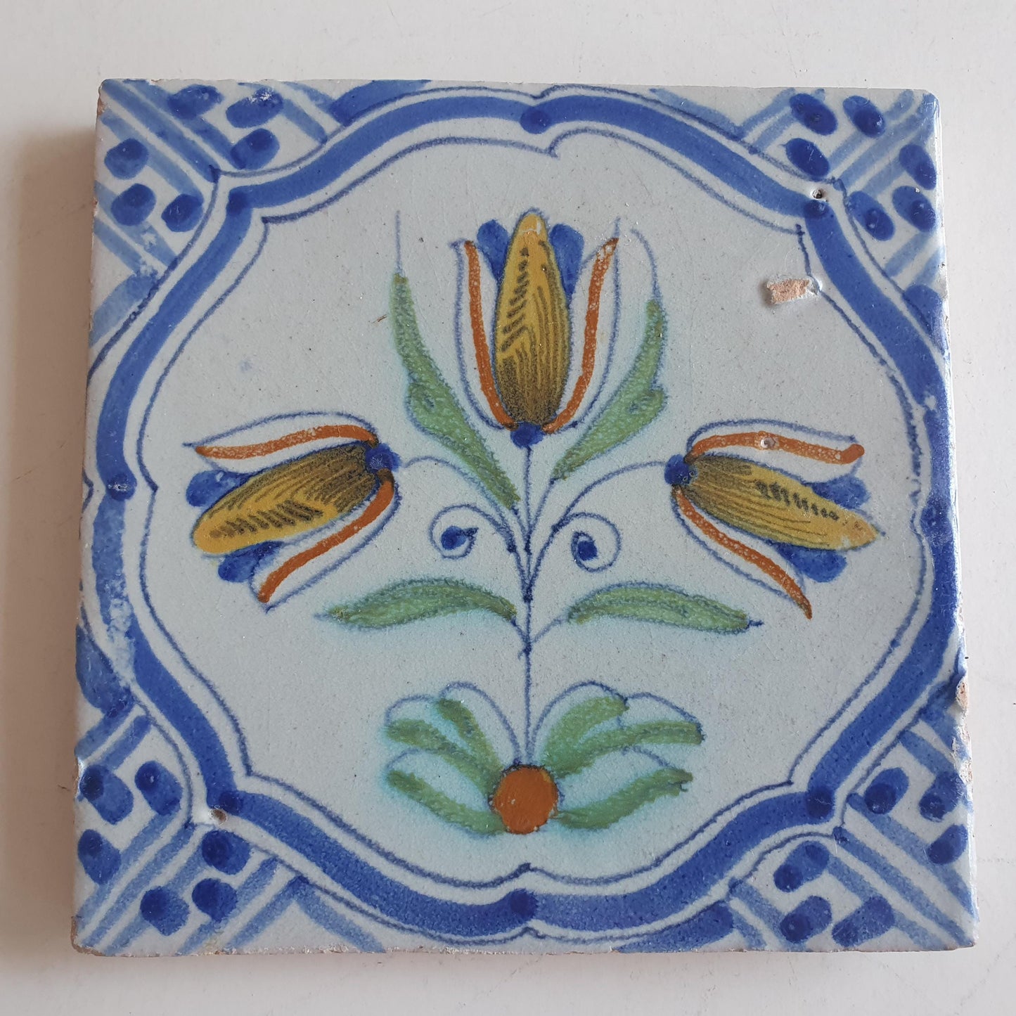 Antique Delft Tile – 17th Century Dutch Polychrome Flower