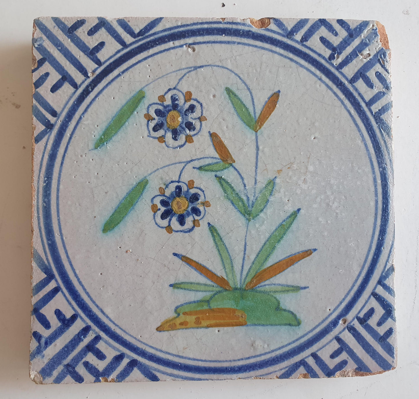 Antique Delft Tile – 17th Century Dutch Floral Majolica