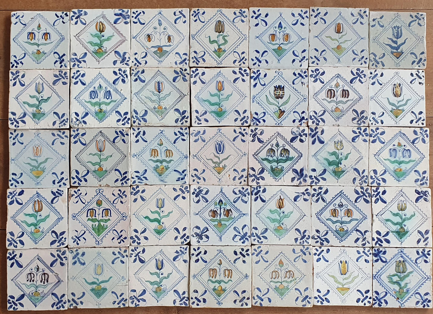 35 Antique Delft Tiles, Polychrome Tulips, c. 1640