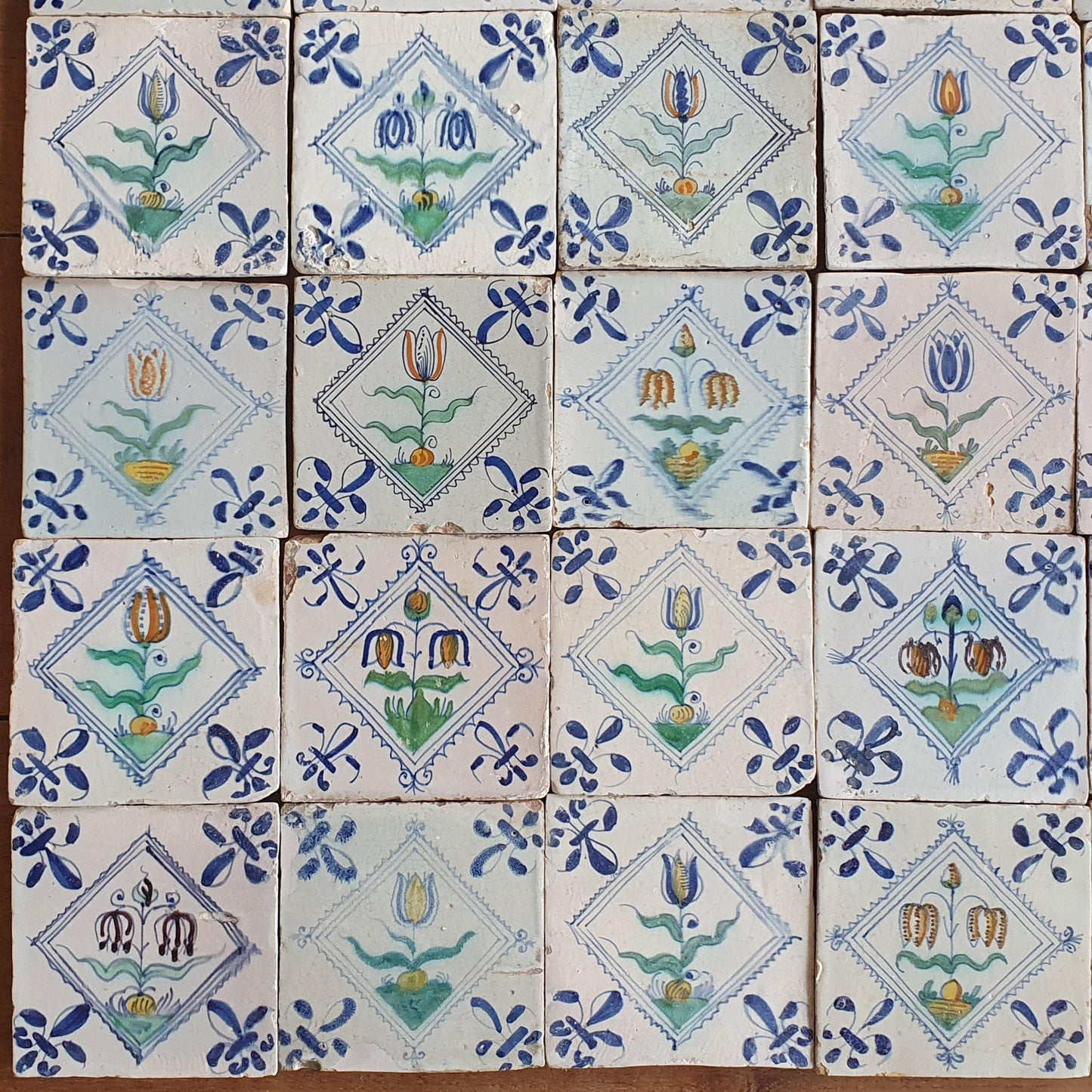 35 Antique Delft Tiles, Polychrome Tulips, c. 1640