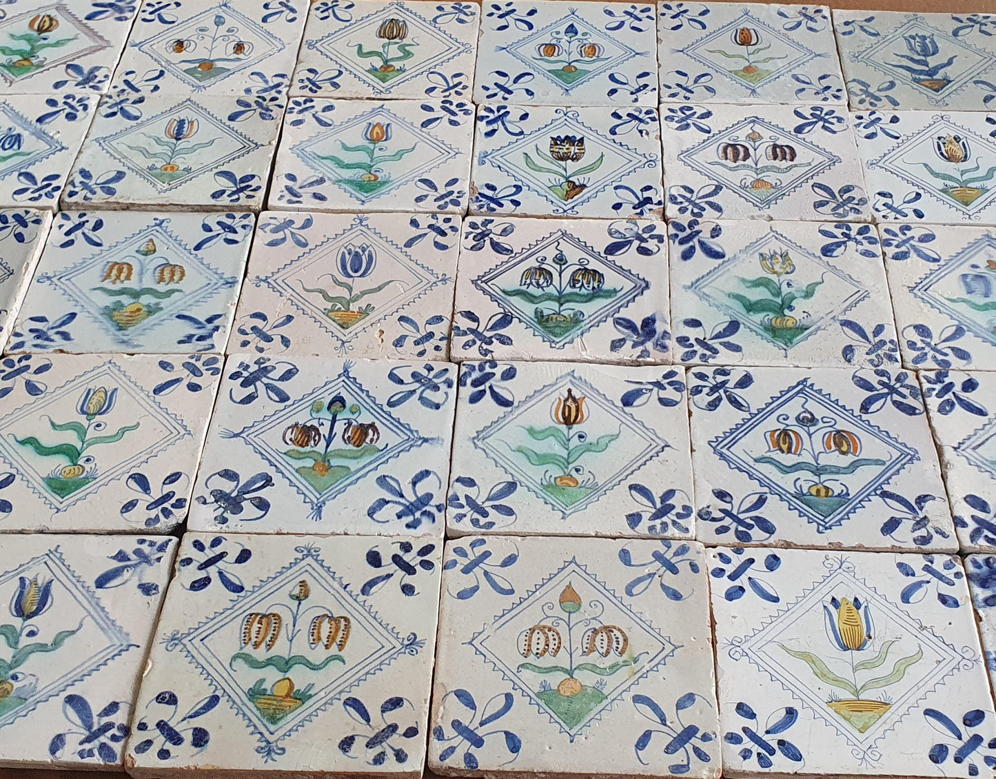 35 Antique Delft Tiles, Polychrome Tulips, c. 1640
