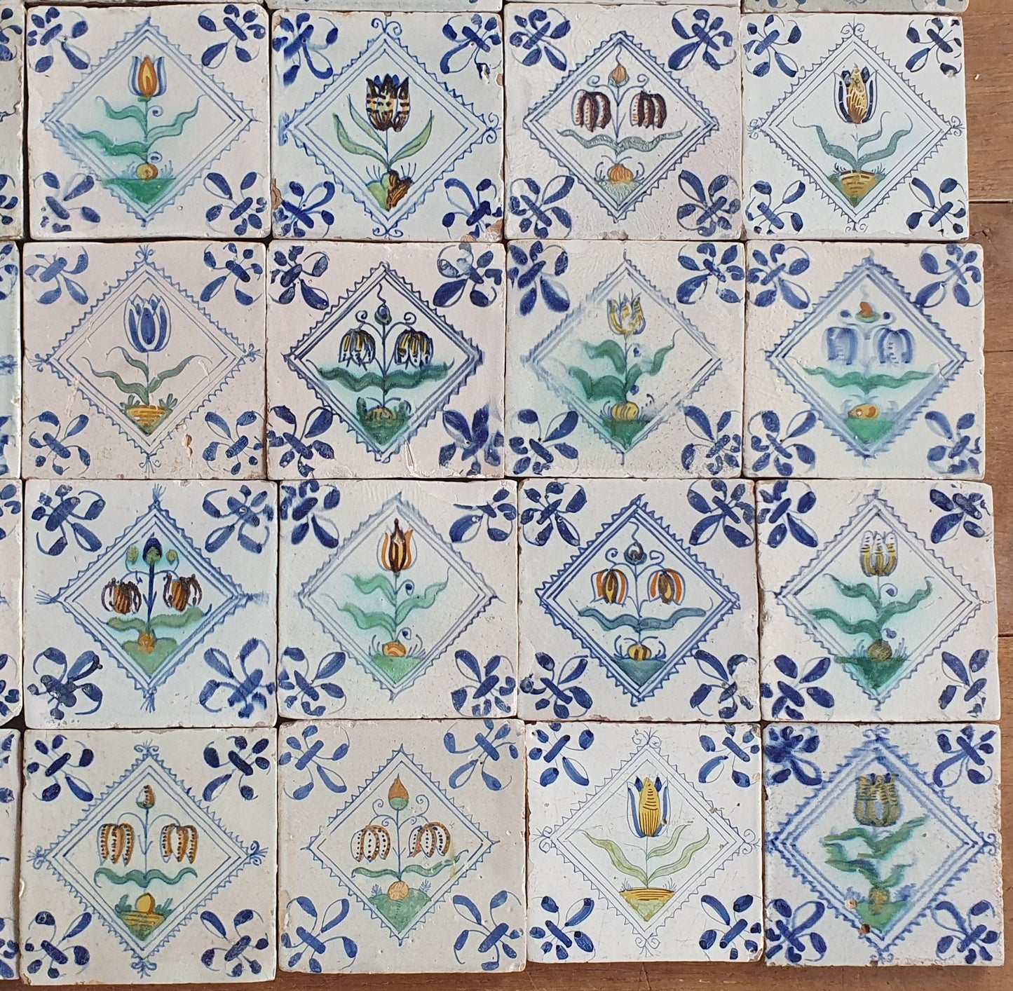 35 Antique Delft Tiles, Polychrome Tulips, c. 1640