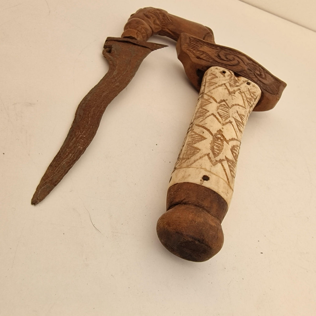 Antique Indonesian Keris Dagger, Carved Bone Handle, Wavy Blade