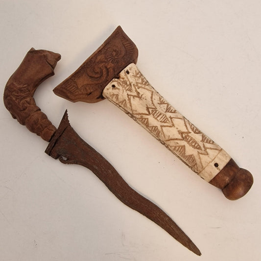 Antique Indonesian Keris Dagger, Carved Bone Handle, Wavy Blade