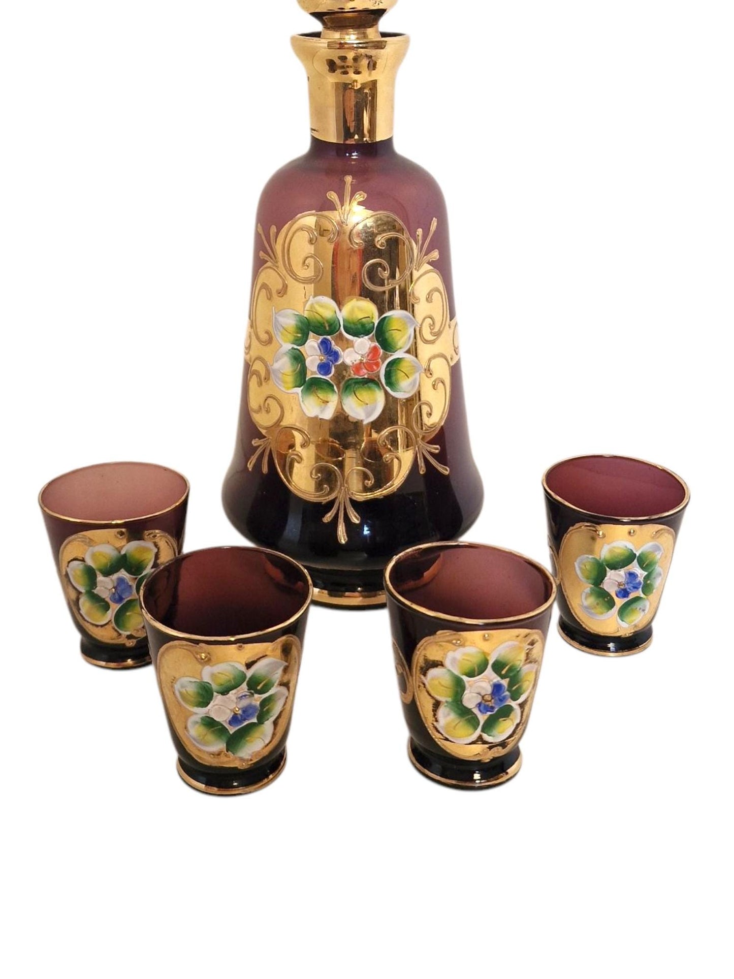 Murano Venetian Decanter & Glasses Set, 24K Gold Hand-Painted Liquor Carafe, Mid-Century Italy