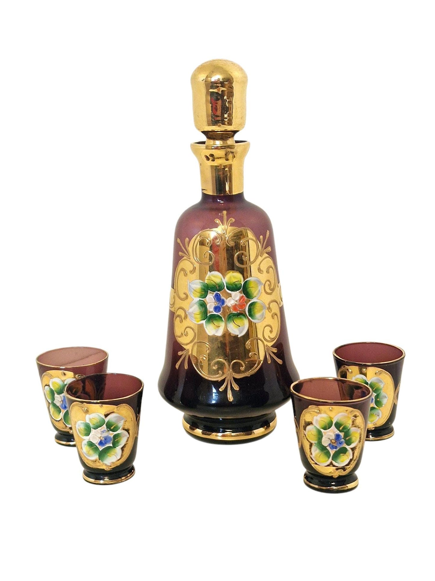 Murano Venetian Decanter & Glasses Set, 24K Gold Hand-Painted Liquor Carafe, Mid-Century Italy