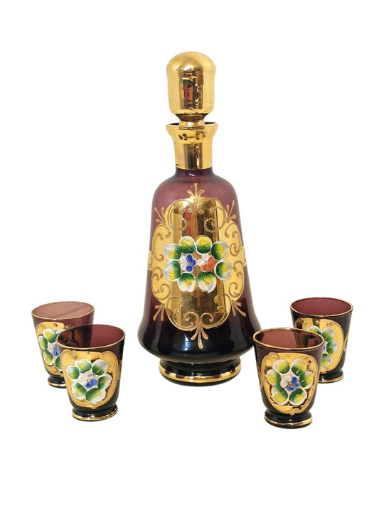 Murano Venetian Decanter & Glasses Set, 24K Gold Hand-Painted Liquor Carafe, Mid-Century Italy