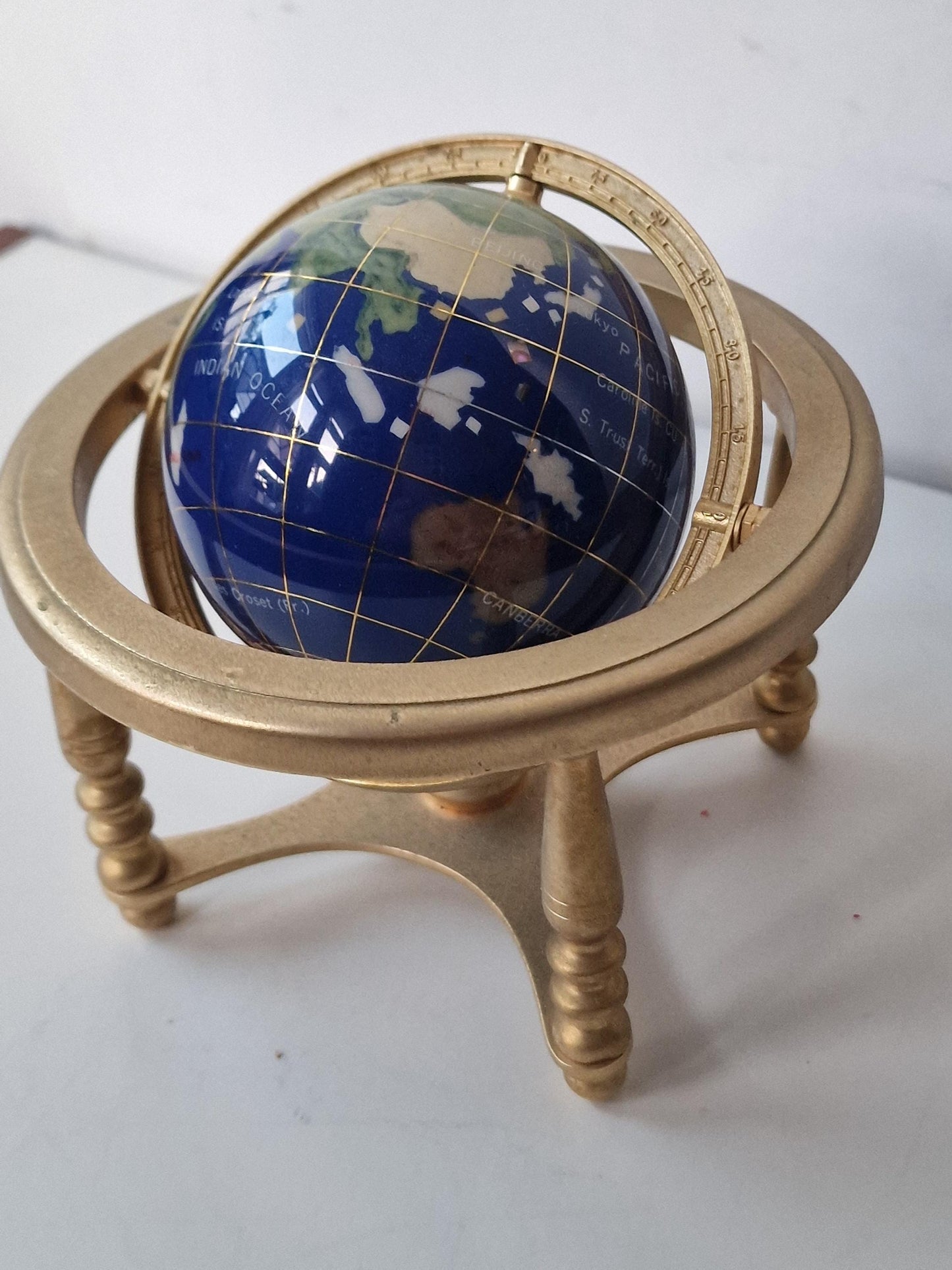 Gemstone Globe with Copper Stand, Lapis Lazuli Inlaid Continents