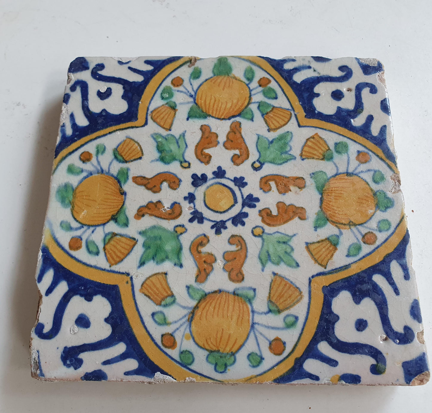 Antique Dutch Tile – Polychrome Floral Pompadour, 17th Century